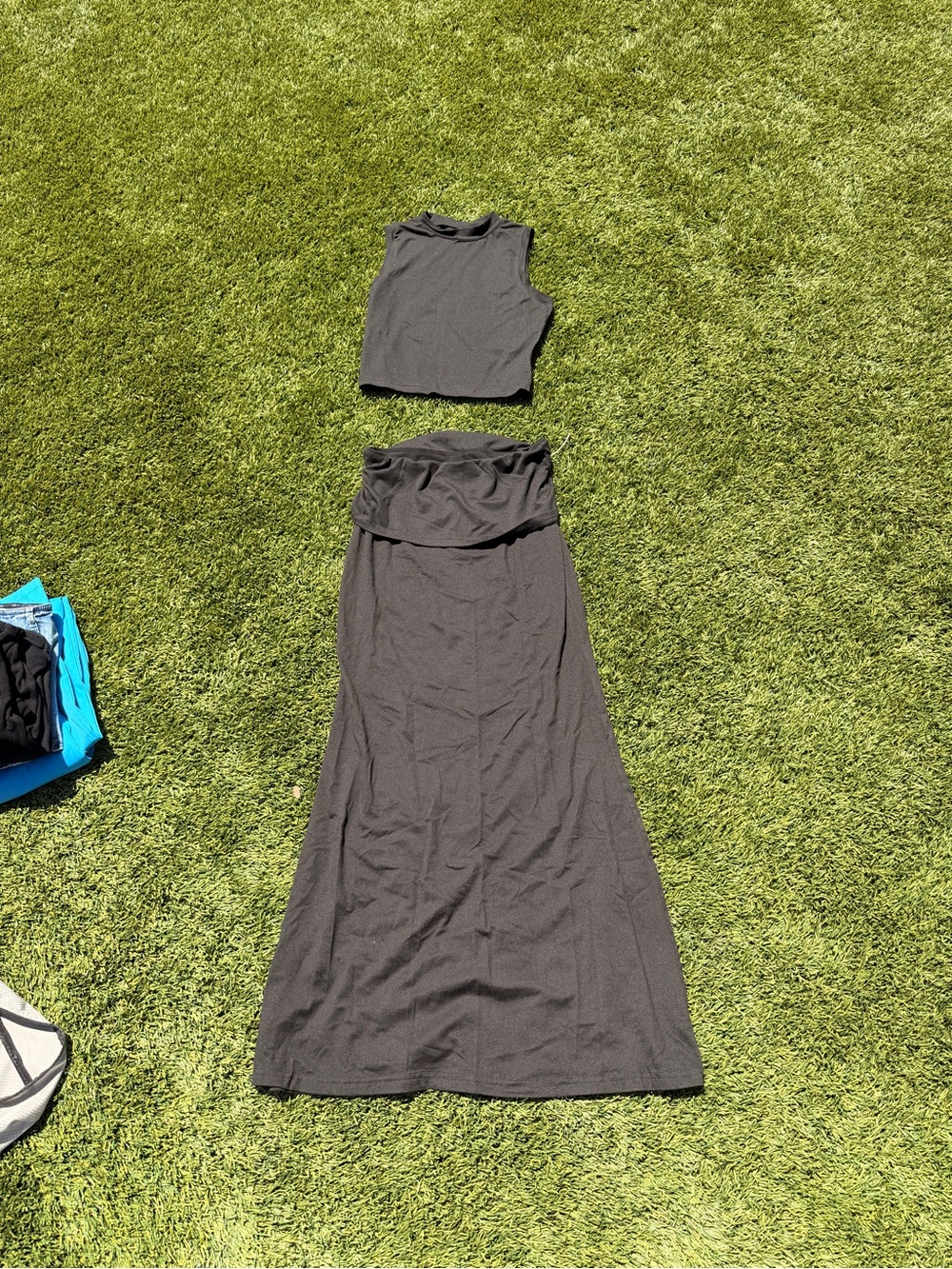 Two-Piece Black Maxi Skirt Set - Crop Top & Fold-Over Waist Set